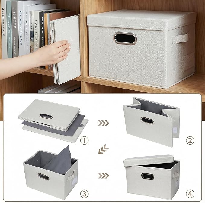 PRANDOM Storage Bins with Lids [3-Pack] Linen Fabric Foldable Storage Boxes Organizer Containers Baskets Cube with Cover for Bedroom Closet Office Beige（11.4X8.6X6.7 - Image 5