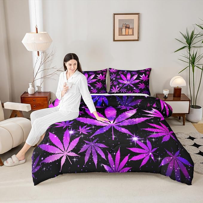 Erosebridal Purple Black Comforter Set Queen Size Hippie Leaf Bedding Sets for Adults Women Men,Leaves Galaxy Comforter Botanical Bed Quilt Set 2 Pillow Cases - Image 2
