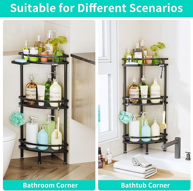 HapiRm Standing Corner Shower Caddy - 3 Tier Shower Organizer Corner with Soap Holder and 4 Hooks, Rustproof Bathroom Storage Shelves with Adhesives, Black - Image 5