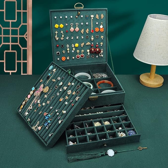 Jewelry Organizer 5 Layers Velvet Square Jewelry Box Women Necklace Ear studs Display Bangles Large Jewelry Storage Case Drawer GY306 (Green) - Image 4