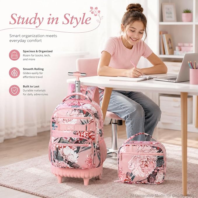 3Pcs Rolling Backpack for Girls Women, 19 Inche Adults Roller Bag with Wheels, Flower Wheeled Bookbag with Lunch Box(Pink) - Image 6