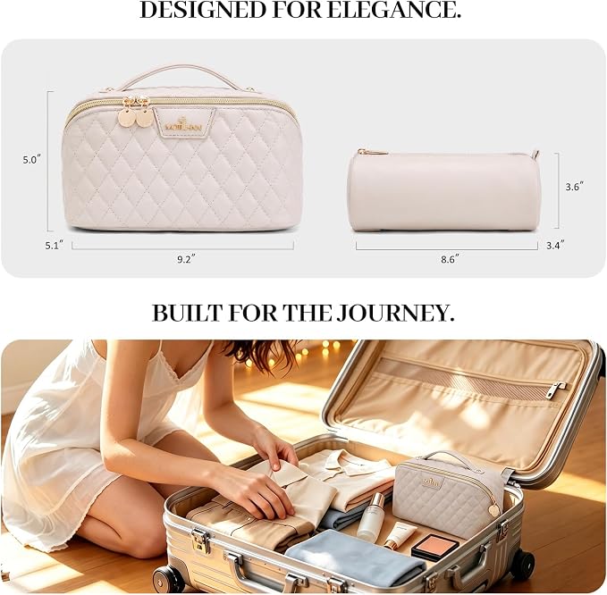 Travel Makeup Bags Cosmetic Organizer: 3Pcs Set Puffy Make up Bag for Women | Beige Premium Quilted ELEGANCE Design | Large Capacity Leather Toiletry Bags | Wide Open Compact Case for Travel Essentials - Image 7
