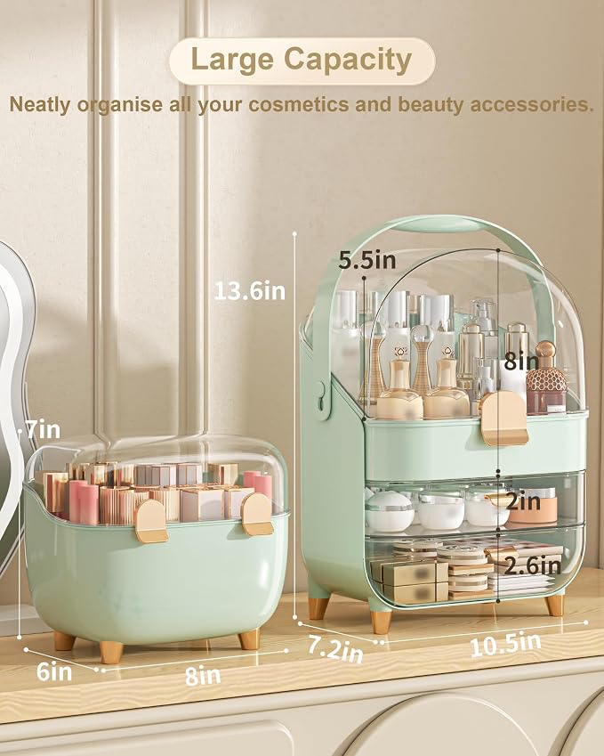 Makeup Organizer Countertop, Skincare Holder Bathroom Counter Organizer, Storage Box Cosmetic Display Cases, Teen Girl Gifts Make up Organizers (Green/Lipstick) - Image 2