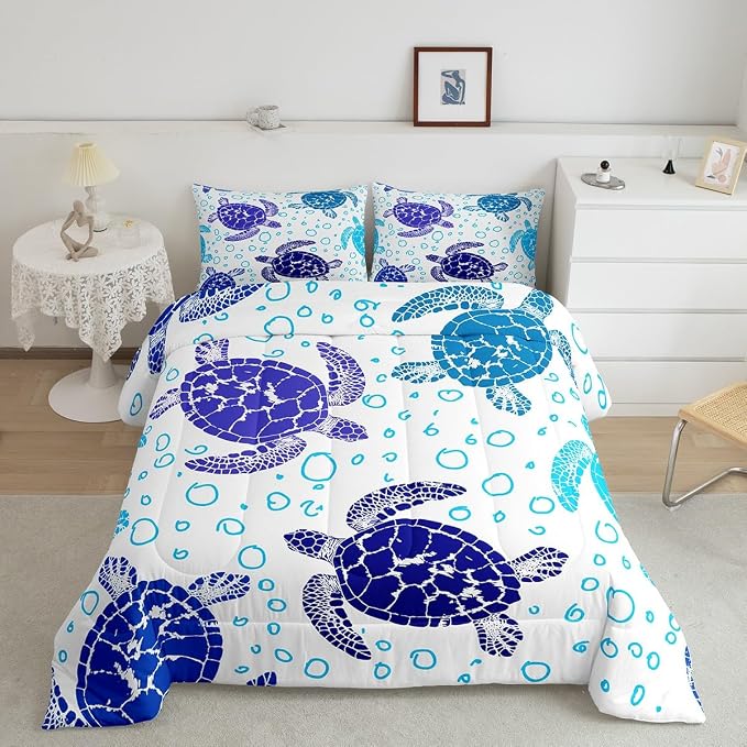 Erosebridal Sea Turtle Down Comforter Twin Size, Kids Bohemian Tortoise Comforter Set, Ocean Life Blue Sea Duvet Insert Underwater Word Bedding for Children Boys Girls Teens Bedroom - Image 2