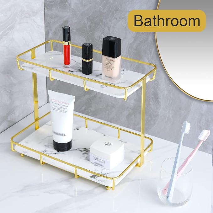 Bathroom Organizer Countertop Perfume Organizer Makeup Organizer Cosmetics Storage Display Rack Vanity Tray Dresser Stainless Steel Gold Shelf White Marble Ceramic Tray - Image 4