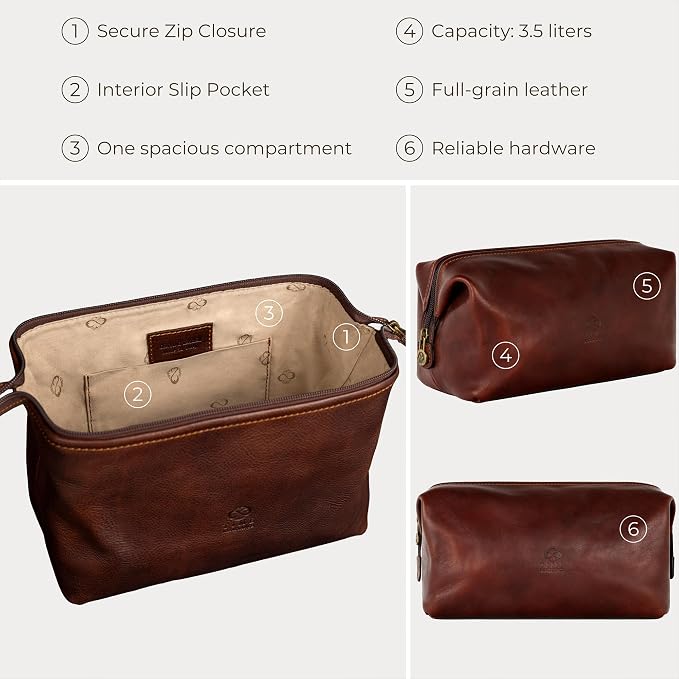 Time Resistance Leather Toiletry Bag - Italian Cosmetic Case Dopp Kit (Brown) - Image 6