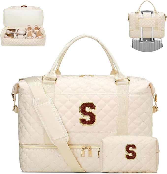 Gifts for Women Initial Travel Duffle Bag Quilted Weekender Bags Carry-On Overnight with Cosmetic Bag, Gym Bag with Shoe Compartment Hospital Bag for Women Labor Delivery, Beige-S by Unknown