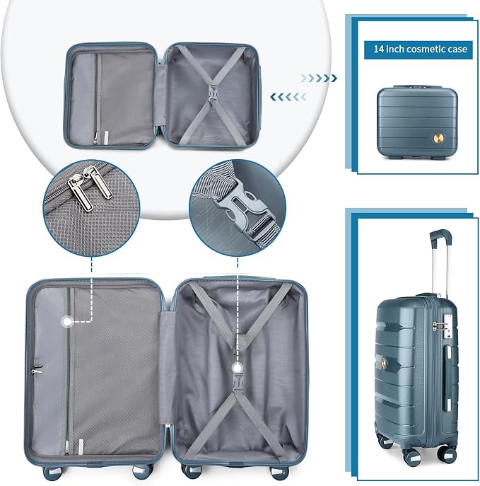 Somago 20" Carry On Luggage and 14" Mini Cosmetic Cases Travel Set Lightweight Polypropylene Suitcase with TSA Lock YKK Zipper Hardside Luggage with Spinner Wheels (2 Piece Set, Ice Blue) - Image 3