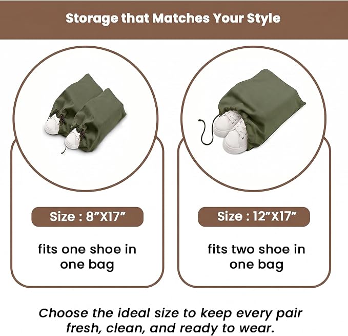 LFH Cotton Rich Shoe Storage Bags with Drawstring, Breathable Dustproof Reusable Shoe Organizer for Travel, Gym, Dorm, Hotel, Machine Washable Easy Carry 8"x17" (Pack of 4), Military Green - Image 5