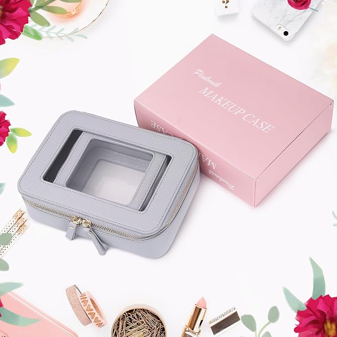 Pinkmik Clear Makeup Bag Waterproof Travel Case for Cosmetics and Toiletries Women's Purse Organizer and Clear Car Bag with Zipper (Gray, M+MINI) - Image 8