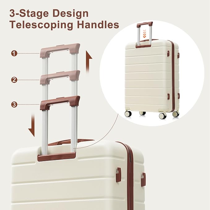 Hardside Luggage Sets, Lightweight Stripes Suitcase with Spinner Wheels, Ivory/Brown 20 - Image 5