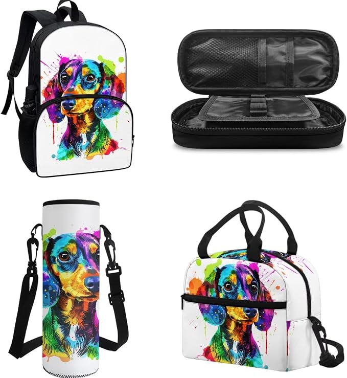 Colorful Dachshund Dog Schoolbag for Boys Girls，4Pcs Dachshund Dog Backpack with Insulated Lunchbag Tote Bag Pen Holder Pouch Water Bottle Carrier Bag - Image 2