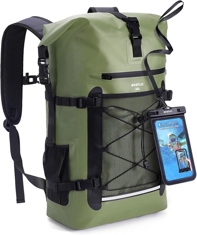 ECOHUB Waterproof Backpack for Women Men, 30L Roll-Top Closure Heavy Duty Dry Bag for Travel with IPX8 Waterproof Phone Case by ECOHUB