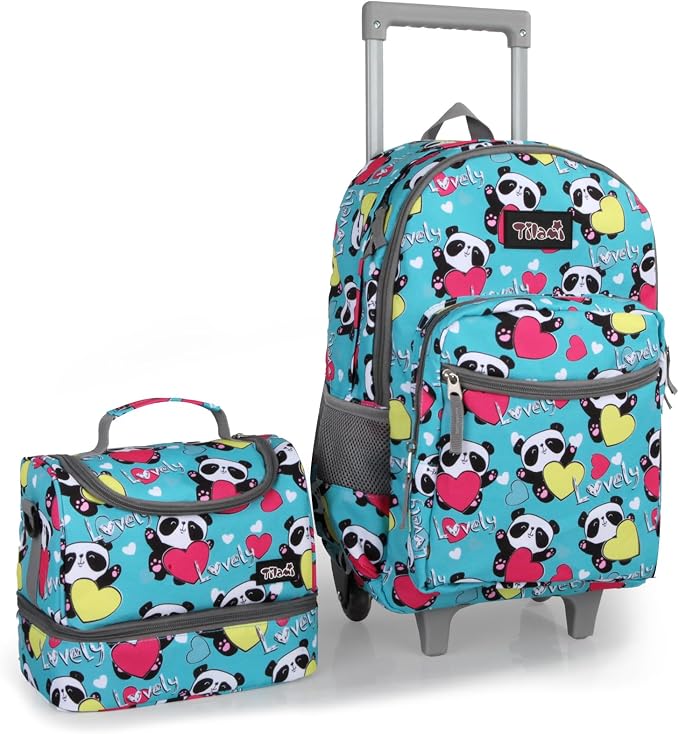 Tilami Rolling Backpack for Kids 18 Inch Double Handle Wheeled Bookbag for Boys & Girls for School & Travel,Panda by Tilami