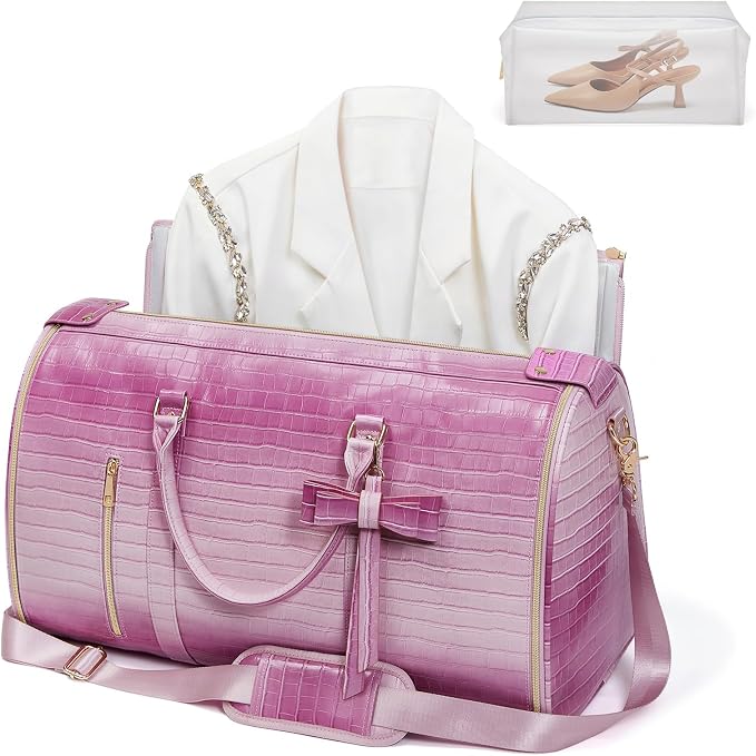 Garment Bags for Travel, 2-in-1 Convertible Travel Garment Duffle Bag for Women, Foldable Carry On Garment Bag with Shoe Compartment & Toiletry Pocket, PU Leather Weekender Bag, Pink-White by STHMEOOHT