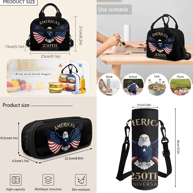 250 Year American Anniversary Backpack Schoolbag Set USA Flag Patriotic Eagle School Bookbag Daypack Shoulder Crossbody Book Bags Lunch Tote Box Water Bottle Pencil Pen Case Bag, Black - Image 6