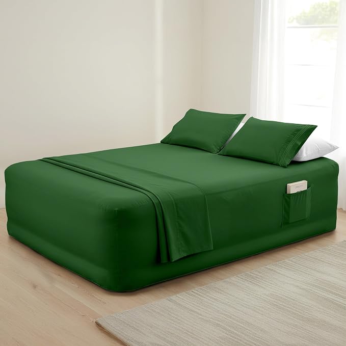 Mocassi 4-Piece Extra Deep Pocket 16-24 Inch Air Mattress Bed Sheet Set- 4PC Sheet Set with Smart Pockets Ideal for Air Beds, RVs, Camping and Guest Rooms Premium Hotel Quality, Full, Hunter Green - Image 7