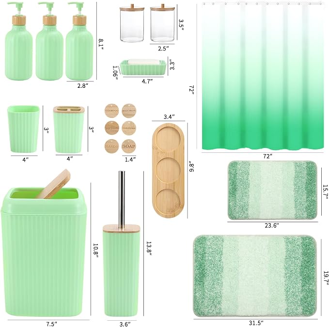 32PCS Green Bathroom Accessories Set with Shower Curtain,Rugs,Trash Can,3PCS Lotion Soap Dispenser, Toothbrush Holder, Soap Dish,Tumbler Cup,6PCS Wood Tags Bath Accessories with Tray for Bathroom - Image 7