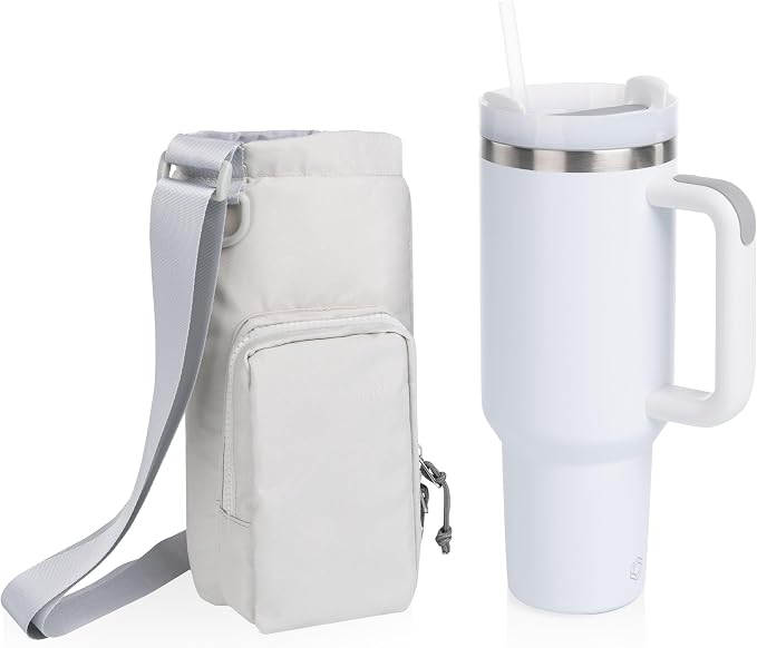 PICNIC TIME Eclipse Tumbler Tote with 40oz Stainless Travel Mug, Eco-Friendly Water Bottle Sling Bag, Crossbody Cup Holder with Phone Pocket & Strap, Recycled Fabric Drink Carrier & Tote (Gray) by PicnicTimeFamilyofBrands