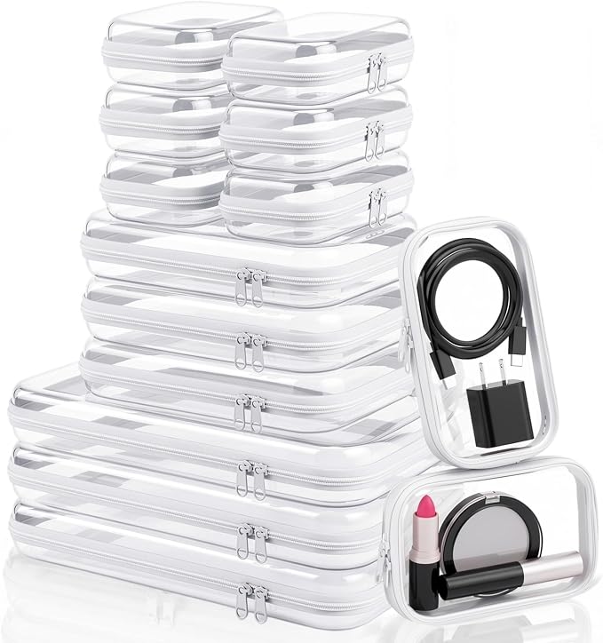 15 Pack Clear Hard Shell Zipper Case with 40 Labels, X-Large/Medium/Small Stackable Clear Pouches, Crush-resistant Travel Toiletry Bag Organizer for Makeup Board Games Electronics (White) by Unknown