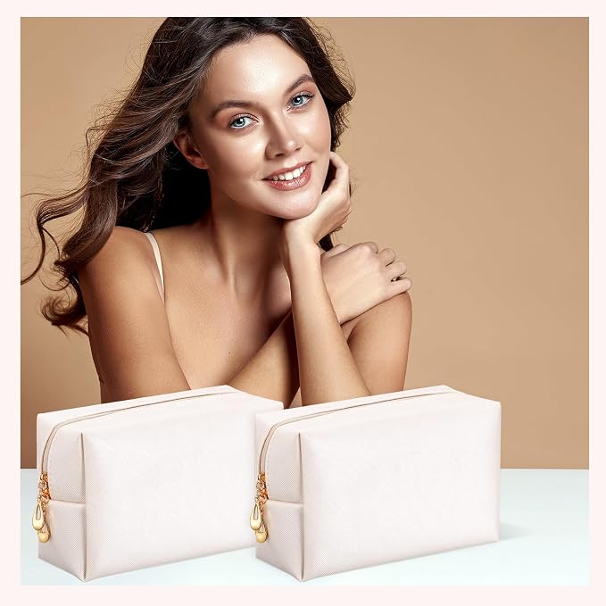 50 Pcs Makeup Bag Bulk PU Leather DIY Cosmetic Plain Preppy Makeup Pouch Portable Waterproof Toiletry Bags for Women Travel Pencil Case Cosmetic Organizer (Ivory White) - Image 4