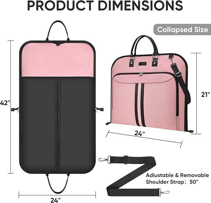 BALEINE Travel Garment Bag, Travel Suit Bag for Men, Water Resistant Carry on Garment Bag for Hanging Clothes, Garment Duffel Bag for Travel Business (Pink, 42") - Image 4
