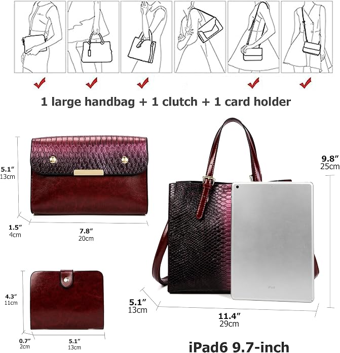 KingTo Women's Crocodile Pattern Satchel Handbags Stylish Tote Handbags crocodile purses for women 3 Pcs Set (B-blue) - Image 3