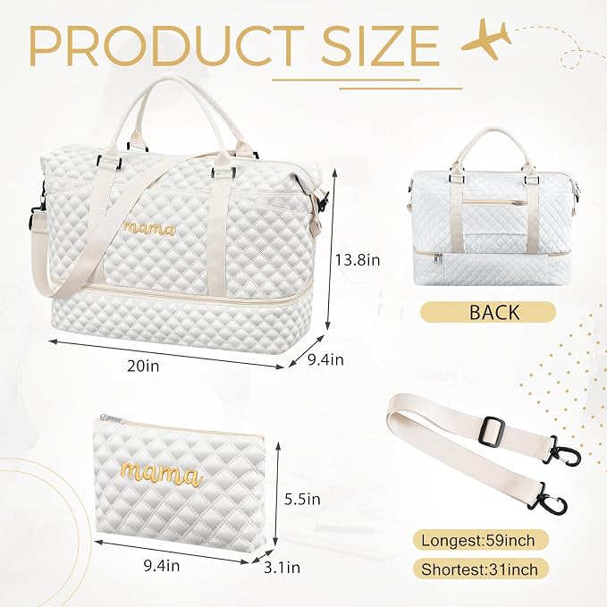 Dansydaisy Mama Hospital Bag for Women Labor Delivery Travel Duffle Bag with Shoe Compartment and Toiletry Pouch Waterproof Letter Embroidered for Pregnancy Weekend Overnight Gym Gift, White - Image 2