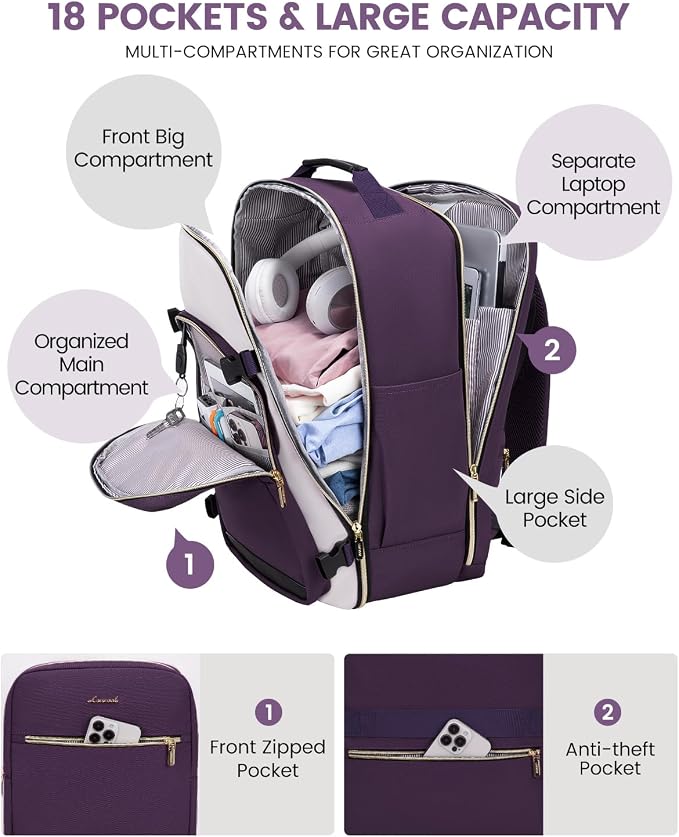 LOVEVOOK 50L Travel Backpack for Women & Men, Airline Approved Carry On Luggage with 3 Packing Cubes, TSA Overnight Bags, Waterproof Personal Item Bag, Weekender Essentials Backpacks fits 17" Laptop - Image 4