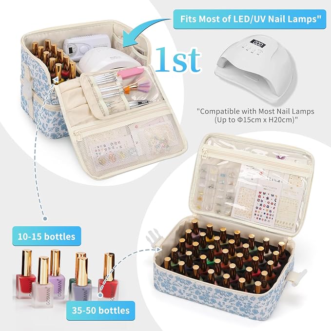 OCHEAL Nail Polish Organizer, Holds Nail Lamp and 45+ Bottles,3 Usage Modes Detachable Nail Storage Bag Travel Nail Tech Case Holds Nail Kit Stuff Manicure Tools -Floral - Image 2