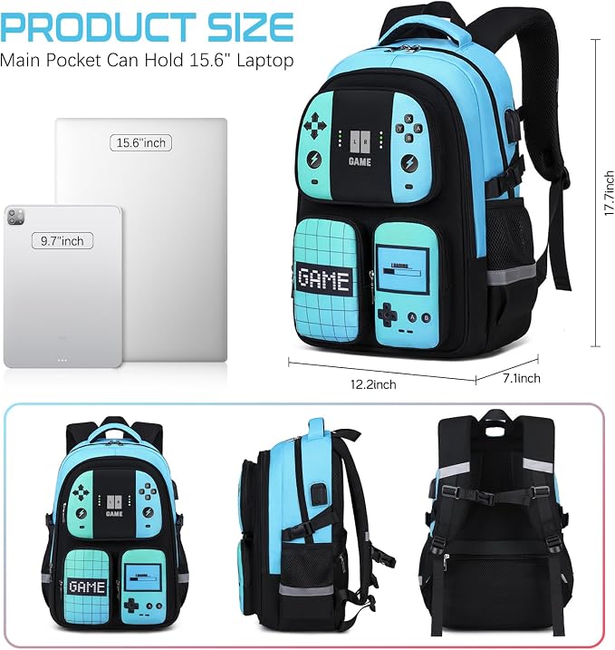 Gamer Backpack for Boys , 3PCS Boys Backpack with Lunch Box & Pencil Pouch, Waterproof School Bags for Boy Kids Children Teens, Elementary Middle School, Kids Book Bag Casual Daypack (Green Black) - Image 2