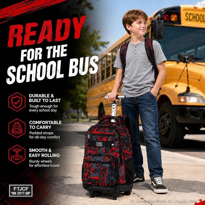 3Pcs Rolling Backpack for Boys, 19 Inche Adults Roller Bag with Wheels, Graffiti Wheeled Bookbag Set for Men(Red) - Image 2
