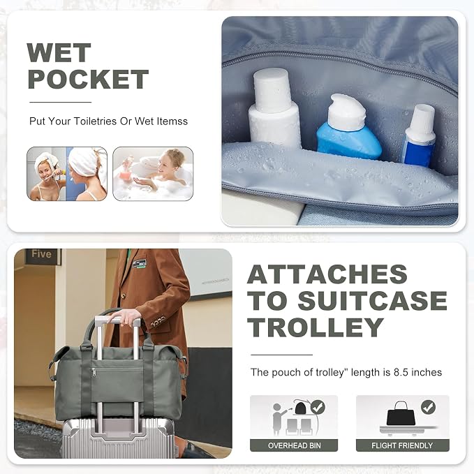 Travel Duffel Bag, Carry On Overnight Weekender Bags for Women | Travel Bag with Wet Pocket & Trolley Sleeve, For Spirit Airlines 18x14x8 Personal Item Bag - Image 5