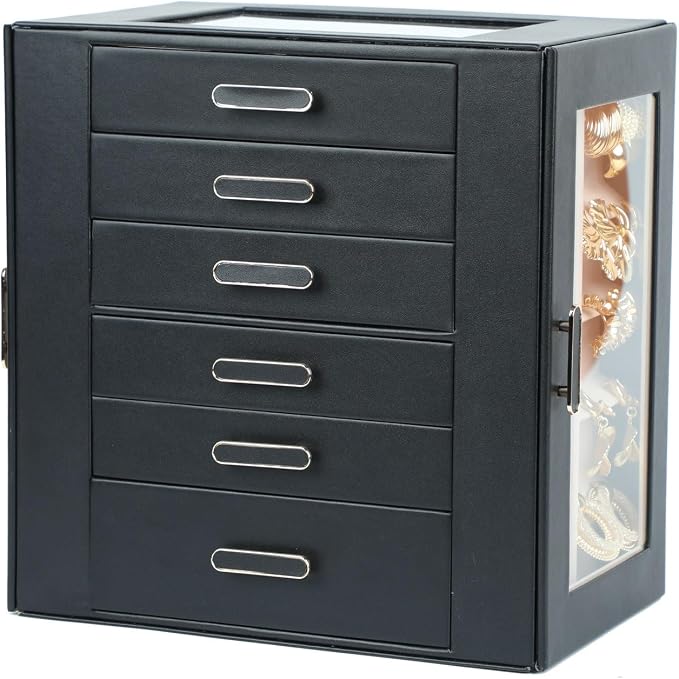BOOVO Clear Lid Jewelry Box,6 Layers Jewelry Organizer Large Jewelry Storage Box with 6 Drawers,Jewelry Holder Organzier of Rings Earrings Necklace Bracelets for Women (Black, 6 Layer) by BOOVO