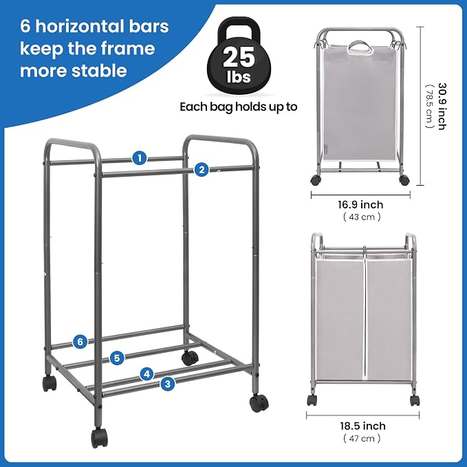 STORAGE MANIAC Laundry Sorter 2 Section, 90 L Gal Laundry Hamper with Wheels, Clothes Basket Separator Sorter, 2 Bag Rolling Cart and Removable Bags for Closet, Dorm, Collage, Grey - Image 4