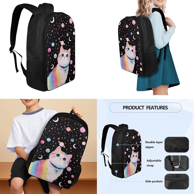 Cat Planet Backpack 4 Pcs Set for Girls Kids Casual Bookbag School Book Bag with Insulated Lunch Bag Pencil Case Water Bottle Sling, Back to School Supplies - Image 3