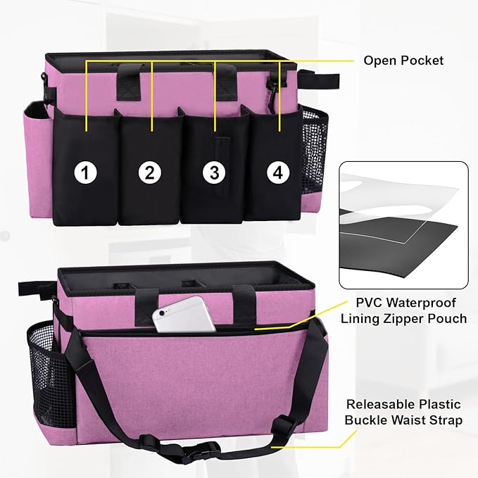 Wearable Large Cleaning Caddy Bag for Housekeeper, Clean Supply Organizer with Adjustable Shoulder, Waist & Handle Straps, Detailing Bag for Kitchen Supplies (Pink) - Image 3