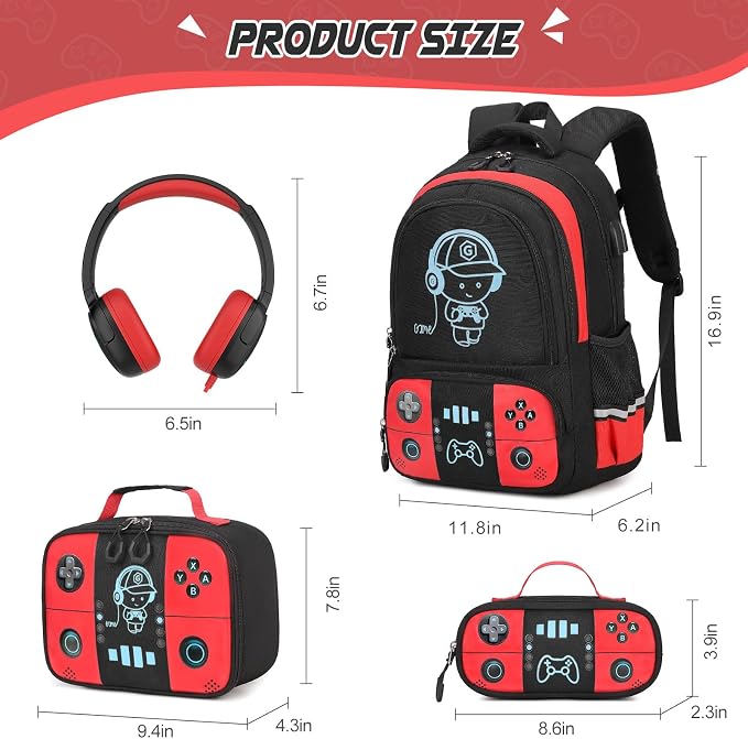 Bevalsa Backpack for School Boys,Cool Luminous Gamer Boys Backpacks with Wired Headphones Lunch Box Pencil Case,Kids Schoolbag for Teens Kindergarten Elementary School(Red Backpack with Headphones) - Image 2