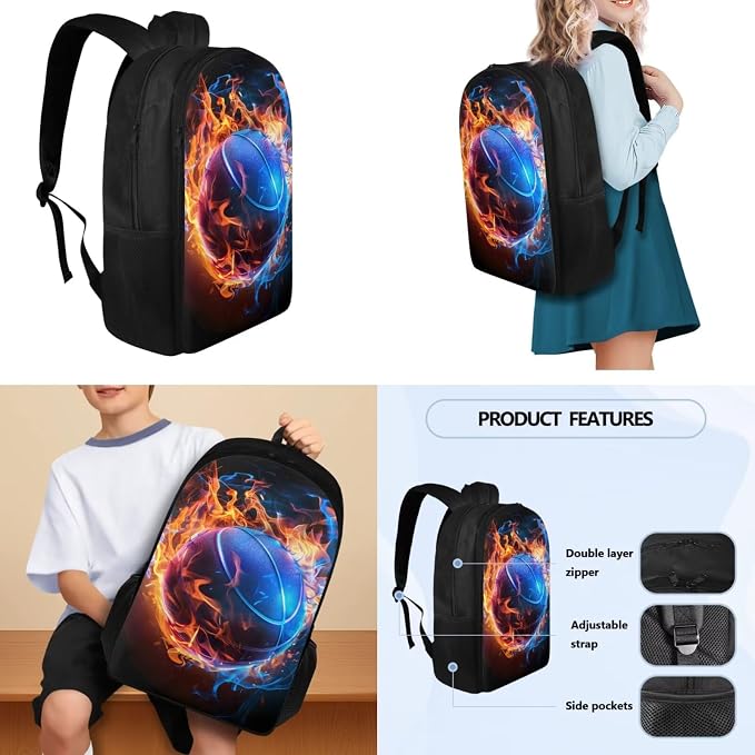 School Backpack for Teens School Bags, Basketball Flame Kids Schoolbag Include Leakproof Lunch Box Pencil Case Water Bottle Organizer for Preschool Elementary Bookbag Travel Daypack - Image 3