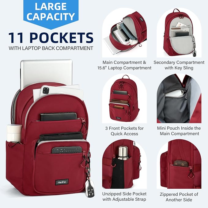 HanTrip Carry On Travel Backpack For Women, 18 Inch Water Resistant Large Backpack Lightweight Bookbag For Men, 8x14x18 Personal Item Bag Casual Daypack Backpacks For Work Office Commuter (Burgundy) - Image 3
