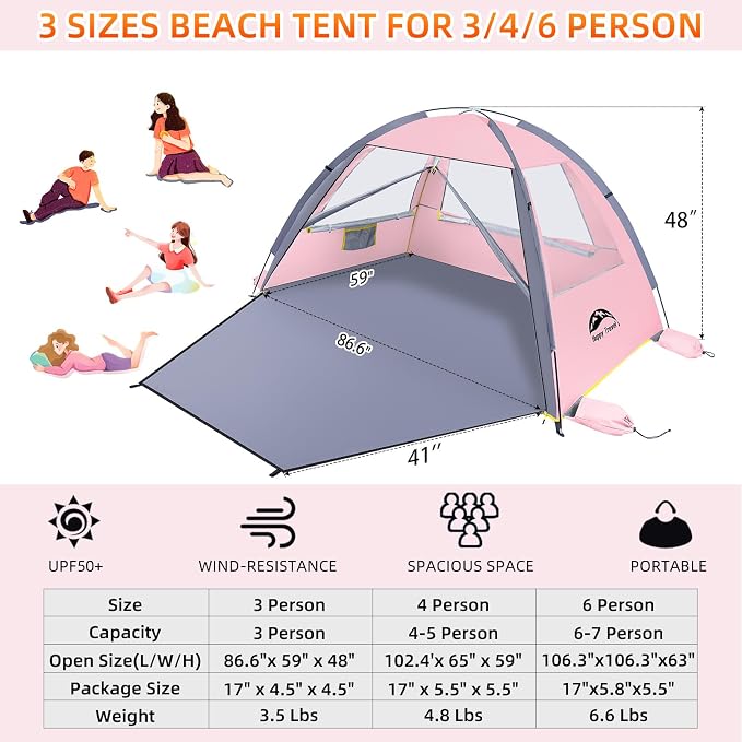 Happy Travel Beach Tent Sun Shelter for 3/4/5/6/7/8 Person, Portable UPF 50+ UV Protection Beach Shade Canopy for Family & Baby, Lightweight & Easy Setup Beach Cabana with 3 Ventilation Mesh Windows - Image 2