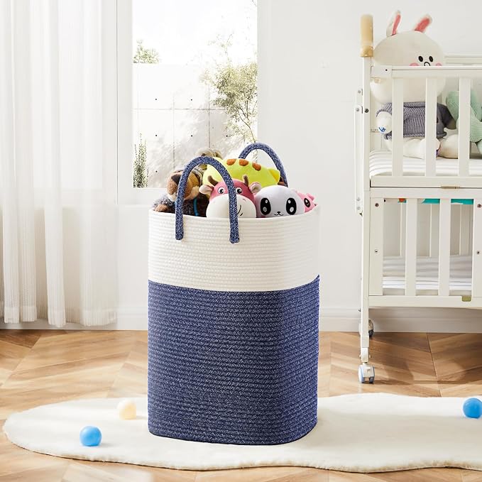 Laundry Basket,Woven Cotton Rope Laundry Hamper,Versatile Storage for Dirty Clothes,Baby Toys,and Blankets in Bathroom, Nursery,and Living Room (Blue, 100L) - Image 6