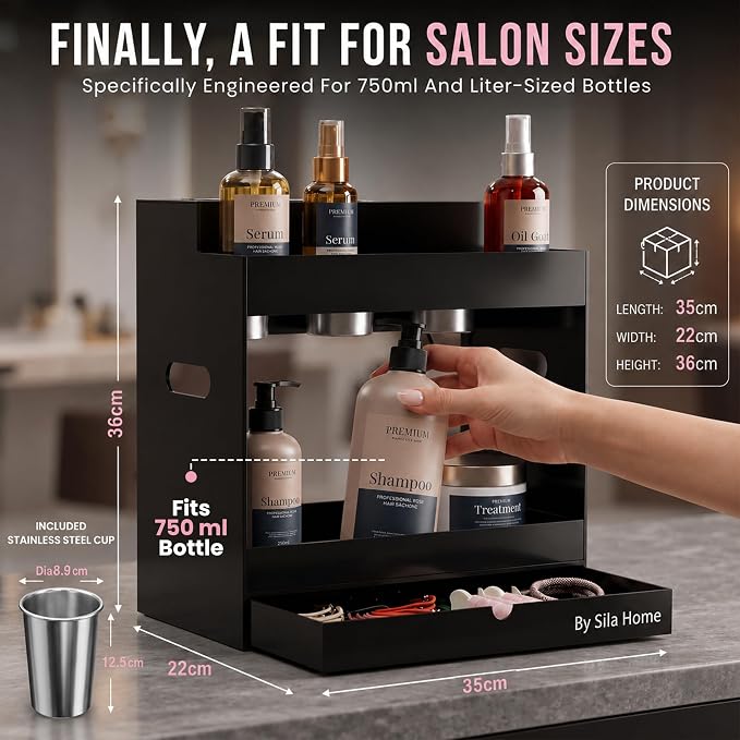 Hair Tool Organizer Countertop Extra Wide Bay | Bathroom & Hot Tools Organizer For Hair | Hairdryer Holder For Bathroom Vanity | Hot Tools Storage for Curling Iron Straightener, 3 Stainless Cups Black - Image 3