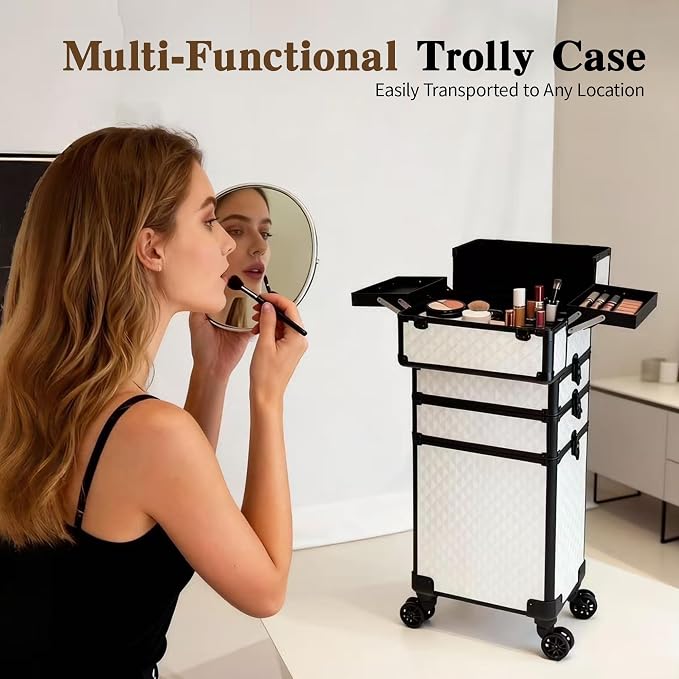 5 in 1 Rolling Makeup Train Case on Wheels Large Cosmetic Organizer Travel Cart for Women Beauty Salon Barber Hairstylist White - Image 4