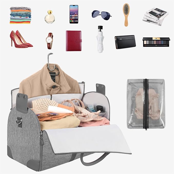 Ytonet Garment Duffle Bags for Travel, Convertible Carry on Garment Bag with Shoe Pouch, Water Resistant Duffle Bag for Women with Shoulder Strap, 2 in 1 Hanging Suitcase Suit Travel Bags, Grey - Image 2