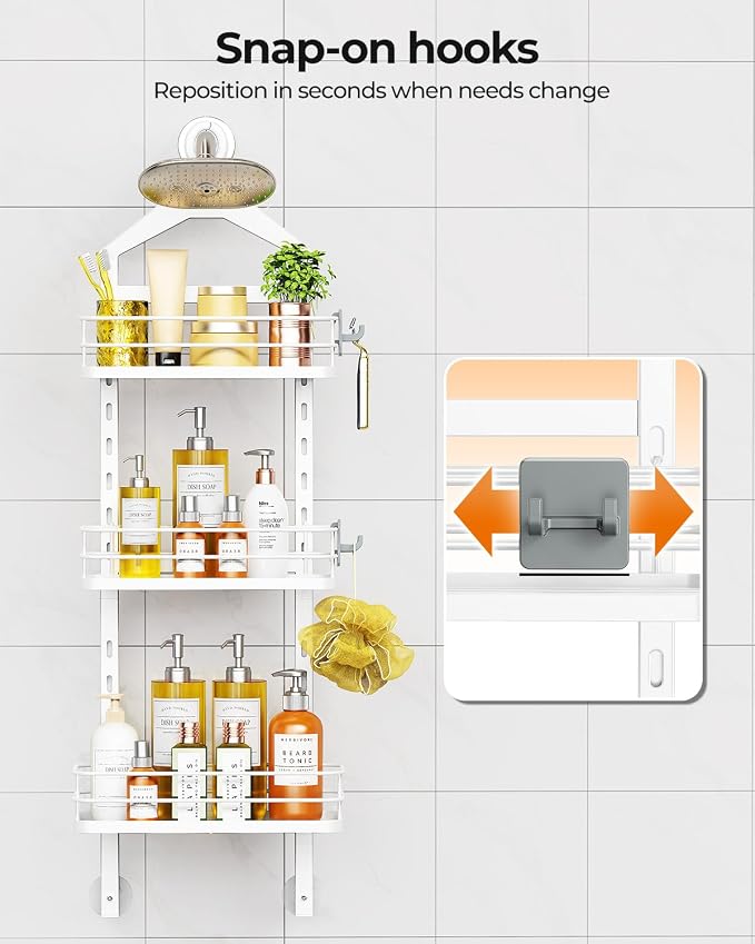 ODesign 3 Tier Adjustable Shower Caddy Hanging Over Head Anti-Swing White | Shower organizer hanging,no drilling required,comes with removable hook and storage box, suitable for indoor showers - Image 8