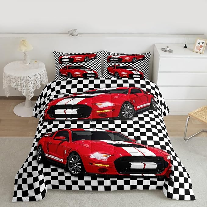Erosebridal Child Racing Car Comforter Set Race Sports Car Bedding Set Black and White Grid Duvet Sets Automobile Bedding Set Mordern Design Boys Teens Bedroom Decor Down Comforter,Twin - Image 3