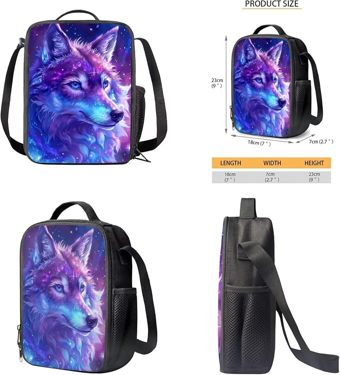 Galaxy Wolf Backpack for Girls Boys Backpack with Lunch Box Water Bottle Carrier with Strap and Big Pencil Case 4PCS Bookbag with Compartments for School 17 inch Sturdy School Bag for Kids - Image 5