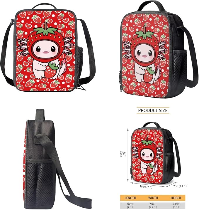 Strawberry Axolotl Backpack for Kids Girls 6-12, Cute School Bag and Lunch Box, 4 Piece Set, 17 Inch Lightweight Back to School Supplies, Reduce the Stress by 40% - Image 5