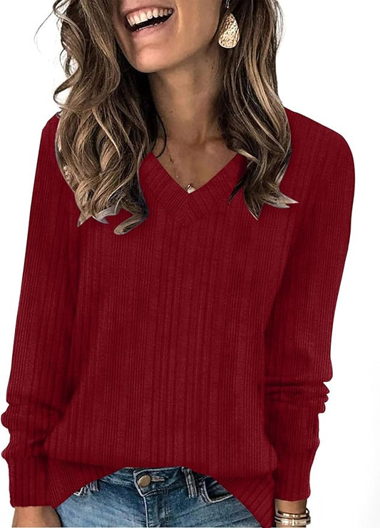 Sampeel V Neck Long Sleeve Shirts for Women Casual Fall Tops Lightweight Tunic Sweaters Fashion Clothes Loose Fit 2025
